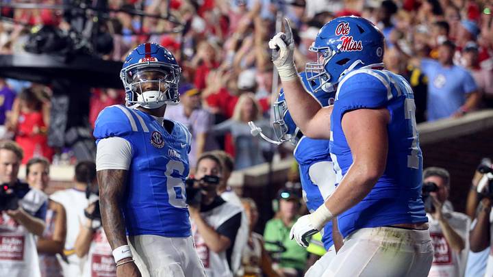Sep 19, 2026; Oxford, Mississippi, USA; Mississippi Rebels offensive lineman Patrick Kutas (75) reacts with quarterback Trinidad Chambliss (6) after a touchdown run during the fourth quarter against the LSU Tigers at Vaught-Hemingway Stadium. Mandatory Credit: Petre Thomas-Imagn Images Sep 19, 2026; Oxford, Mississippi, USA; Mississippi Rebels offensive lineman Patrick Kutas (75) reacts with quarterback Trinidad Chambliss (6) after a touchdown run during the fourth quarter against the LSU Tigers at Vaught-Hemingway Stadium. Mandatory Credit: Petre Thomas-Imagn Images