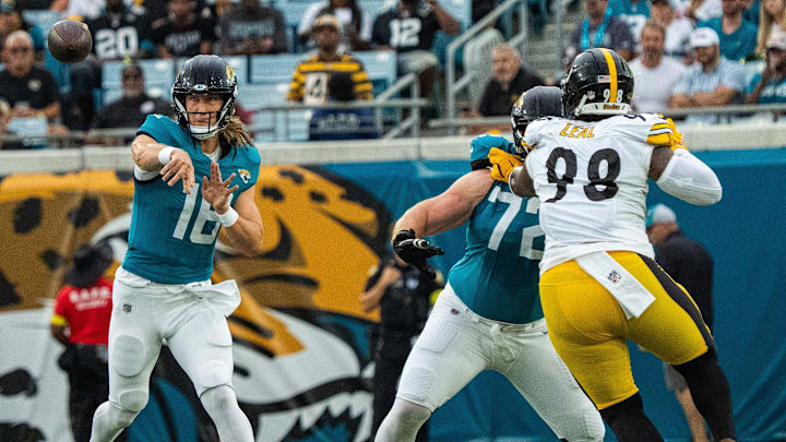 Jacksonville Jaguars quarterback Trevor Lawrence (16) passes during the first half of the first preseason game where the Jacksonville Jaguars hosted the Pittsburgh Steelers Saturday Aug. 9, 2025, at EverBank Stadium in Jacksonville, Fla. [Doug Engle/Florida Times-Union]