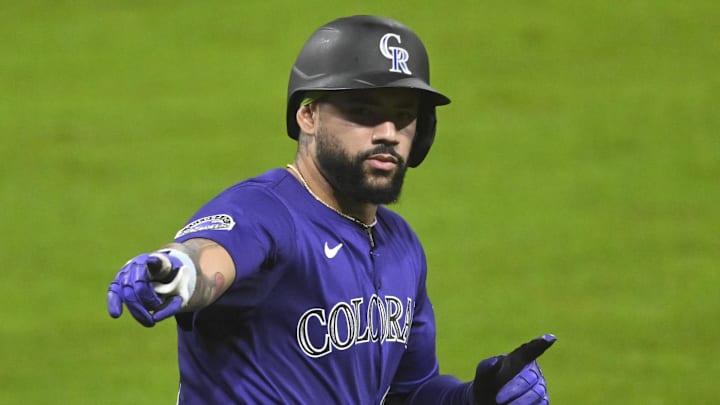 Cleveland, Ohio, USA; Colorado Rockies first baseman Warming Bernabel (25) celebrates his solo home run in the sixth inning against the Cleveland Guardians at Progressive Field.