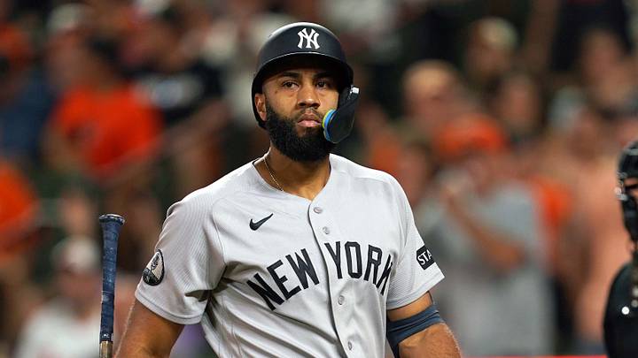 Aug 18, 2026; Baltimore, Maryland, USA; New York Yankees pinch hitter Amed Rosario (14) reacts after striking out during the seventh inning against the Baltimore Orioles at Oriole Park at Camden Yards. Mandatory Credit: Mitch Stringer-Imagn Images Aug 18, 2026; Baltimore, Maryland, USA; New York Yankees pinch hitter Amed Rosario (14) reacts after striking out during the seventh inning against the Baltimore Orioles at Oriole Park at Camden Yards. Mandatory Credit: Mitch Stringer-Imagn Images