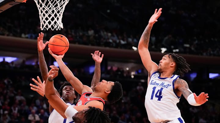 Mar 14, 2024; New York City, NY, USA;  St. John's Red Storm guard RJ Luis Jr. (12) drives against