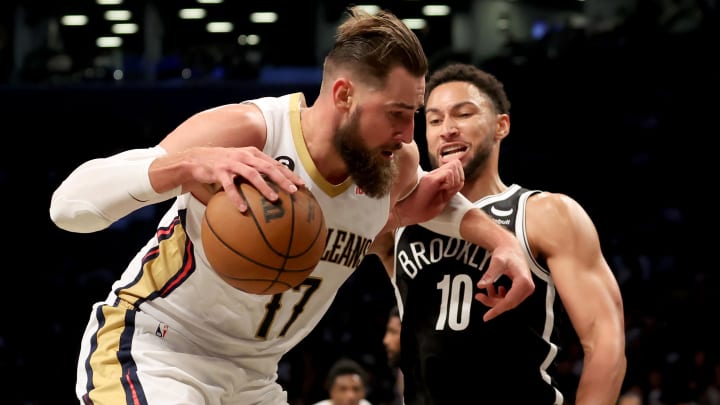 Oct 19, 2022; Brooklyn, New York, USA; New Orleans Pelicans center Jonas Valanciunas (17) controls the ball against Brooklyn Nets guard Ben Simmons (10) during the third quarter at Barclays Center. Mandatory Credit: Brad Penner-USA TODAY Sports Oct 19, 2022; Brooklyn, New York, USA; New Orleans Pelicans center Jonas Valanciunas (17) controls the ball against Brooklyn Nets guard Ben Simmons (10) during the third quarter at Barclays Center. Mandatory Credit: Brad Penner-USA TODAY Sports