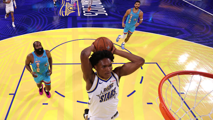 Feb 16, 2025; San Francisco, CA, USA; Candace's Rising Stars guard Amen Thompson (1) of the Houston Rockets shoots against Shaq’s OGs during the 2025 NBA All Star Game at Chase Center. Mandatory Credit: Ezra Shaw-Pool Photo via Imagn Images