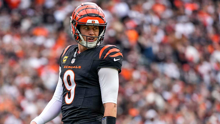 Cincinnati Bengals quarterback Joe Burrow (9) looks back to the sideline before a goal line play in the first quarter of the NFL Week 17 game between the Cincinnati Bengals and the Arizona Cardinals at Paycor Stadium in Downtown Cincinnati on Sunday, Dec. 28, 2025. The Bengals led 23-7 at halftime. Cincinnati Bengals quarterback Joe Burrow (9) looks back to the sideline before a goal line play in the first quarter of the NFL Week 17 game between the Cincinnati Bengals and the Arizona Cardinals at Paycor Stadium in Downtown Cincinnati on Sunday, Dec. 28, 2025. The Bengals led 23-7 at halftime.