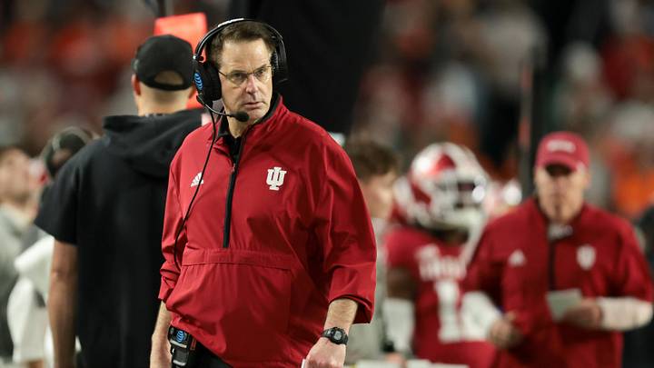 Jan 19, 2026; Miami Gardens, FL, USA; Indiana Hoosiers head coach Curt Cignetti looks on in the second quarter against the Miami Hurricanes during the College Football Playoff National Championship game at Hard Rock Stadium. Mandatory Credit: Sam Navarro-Imagn Images