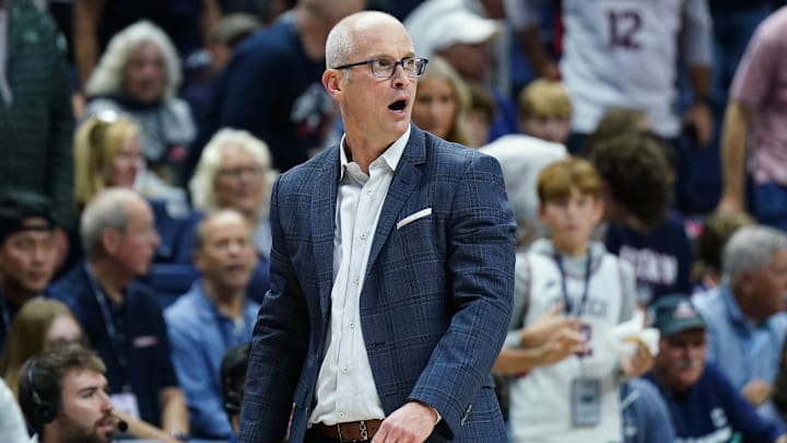Nov 6, 2024; Storrs, Connecticut, USA; Connecticut Huskies head coach Dan Hurley watches from the sideline as they take on the Sacred Heart Pioneers at Harry A. Gampel Pavilion. Mandatory Credit: David Butler II-Imagn Images