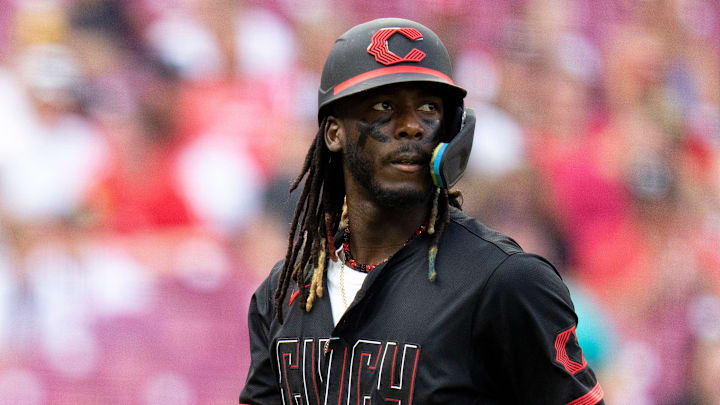 Cincinnati Reds shortstop Elly De La Cruz (44) looks on after striking out in the first inning of the MLB game between the Cincinnati Reds and Milwaukee Brewers at Great American Ball Park in Cincinnati on Friday, Aug. 30, 2024.