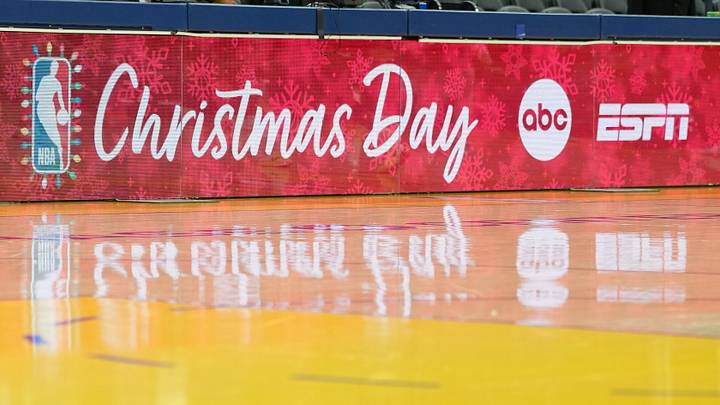 Dec 25, 2025; San Francisco, California, USA; A courtside message board displays the NBA logo for Christmas before the game between the Golden State Warriors and the Dallas Mavericks at Chase Center. Mandatory Credit: Darren Yamashita-Imagn Images Dec 25, 2025; San Francisco, California, USA; A courtside message board displays the NBA logo for Christmas before the game between the Golden State Warriors and the Dallas Mavericks at Chase Center. Mandatory Credit: Darren Yamashita-Imagn Images
