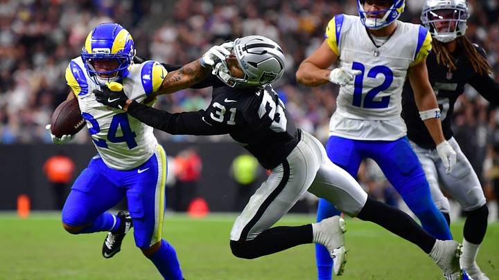Oct 25, 2026; Paradise, Nevada, USA; Los Angeles Rams running back Blake Corum (24) rushes the ball past Las Vegas Raiders safety Treydan Stukes (31) at Allegiant Stadium. Mandatory Credit: Gary A. Vasquez-Imagn Images Oct 25, 2026; Paradise, Nevada, USA; Los Angeles Rams running back Blake Corum (24) rushes the ball past Las Vegas Raiders safety Treydan Stukes (31) at Allegiant Stadium. Mandatory Credit: Gary A. Vasquez-Imagn Images