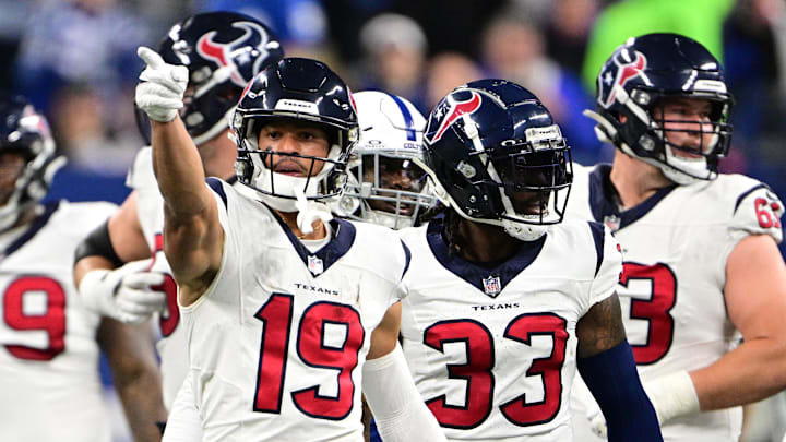 Jan 6, 2024; Indianapolis, Indiana, USA; Houston Texans wide receiver Xavier Hutchinson (19) signals for a first down against the Indianapolis Colts during the second quarter at Lucas Oil Stadium. Mandatory Credit: Marc Lebryk-Imagn Images