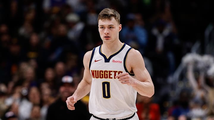 Feb 10, 2025; Denver, Colorado, USA; Denver Nuggets guard Christian Braun (0) after a play in the first quarter against the Portland Trail Blazers at Ball Arena. Mandatory Credit: Isaiah J. Downing-Imagn Images