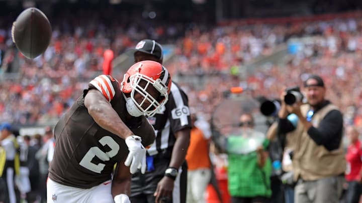 Cleveland Browns wide receiver Amari Cooper (2) celebrates after scoring on the Browns first drive during the first half of an NFL football game against the New York Giants at Huntington Bank Field, Sunday, Sept. 22, 2024, in Cleveland, Ohio. Cleveland Browns wide receiver Amari Cooper (2) celebrates after scoring on the Browns first drive during the first half of an NFL football game against the New York Giants at Huntington Bank Field, Sunday, Sept. 22, 2024, in Cleveland, Ohio.