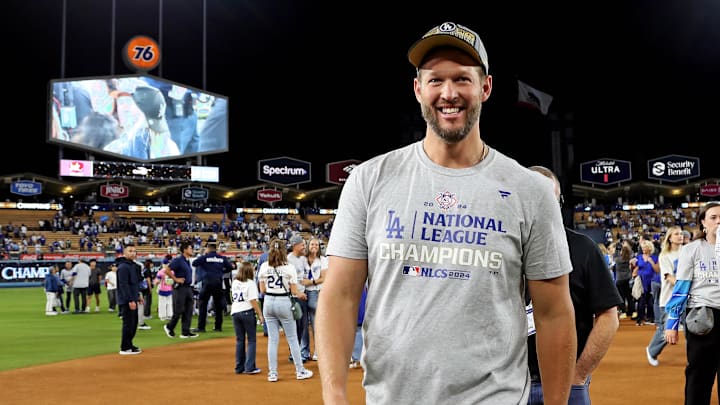 Oct 20, 2024; Los Angeles, California, USA; Los Angeles Dodgers pitcher Clayton Kershaw (22) celebrates after beating the New York Mets during Game 6 of the NLCS for the 2024 MLB playoffs at Dodger Stadium.