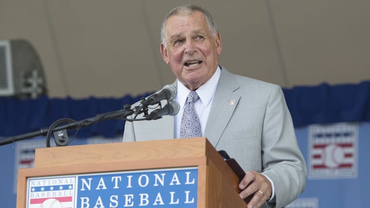 Jul 27, 2014; Cooperstown, NY, USA; Hall of Fame inductee Bobby Cox makes his acceptance speech during the class of 2014 national baseball Hall of Fame induction ceremony at National Baseball Hall of Fame. Mandatory Credit: Gregory J. Fisher-Imagn Images Jul 27, 2014; Cooperstown, NY, USA; Hall of Fame inductee Bobby Cox makes his acceptance speech during the class of 2014 national baseball Hall of Fame induction ceremony at National Baseball Hall of Fame. Mandatory Credit: Gregory J. Fisher-Imagn Images