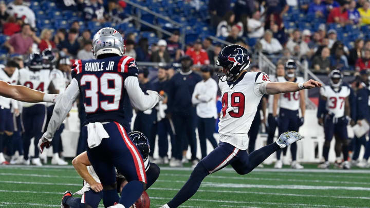 Aug 10, 2023; Foxborough, Massachusetts, USA; Houston Texans place kicker Jake Bates (49) kicks an extra point against the New England Patriots during the second half at Gillette Stadium. Mandatory Credit: Eric Canha-USA TODAY Sports Aug 10, 2023; Foxborough, Massachusetts, USA; Houston Texans place kicker Jake Bates (49) kicks an extra point against the New England Patriots during the second half at Gillette Stadium. Mandatory Credit: Eric Canha-USA TODAY Sports