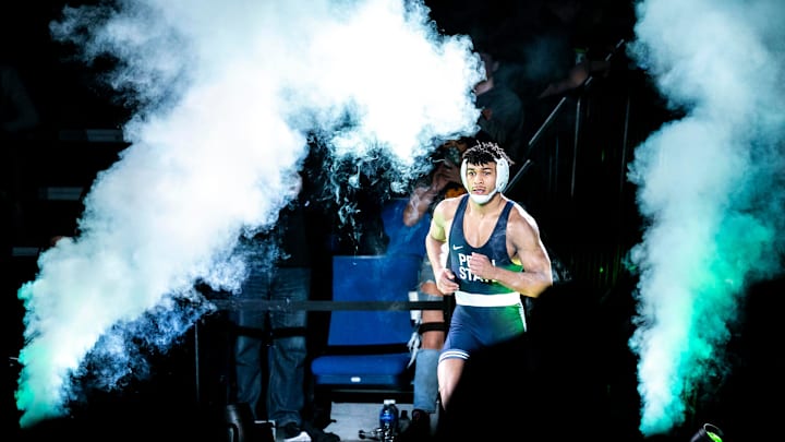 Penn State's Carter Starocci is introduced before wrestling Nebraska's Mikey Labriola at 174 pounds in the finals of the 2023 NCAA Division I Wrestling Championships.