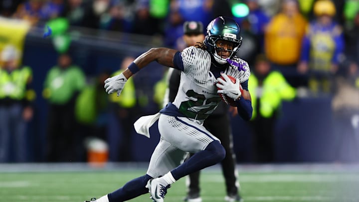 Dec 18, 2025; Seattle, Washington, USA; Seattle Seahawks wide receiver Rashid Shaheed (22) returns a punt for a touchdown against the Los Angeles Rams in the second half at Lumen Field. Mandatory Credit: Kevin Ng-Imagn Images