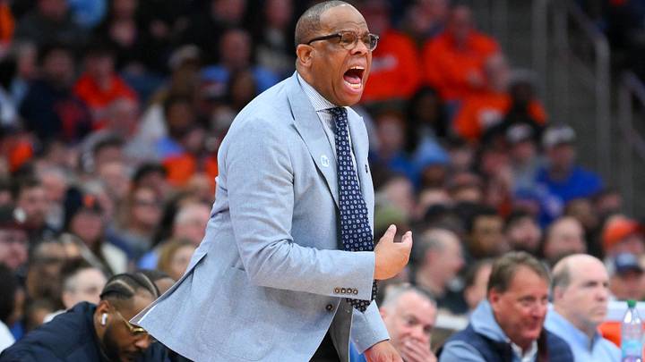 Feb 21, 2026; Syracuse, New York, USA; UNC head coach Hubert Davis reacts during the second half against the Syracuse Orange at the JMA Wireless Dome. Mandatory Credit: Rich Barnes-Imagn Images