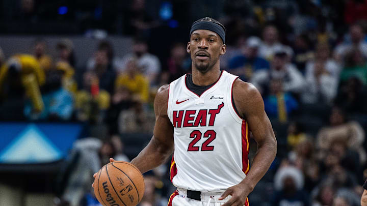Apr 7, 2024; Indianapolis, Indiana, USA; Miami Heat forward Jimmy Butler (22) dribbles the ball in the second half against the Indiana Pacers at Gainbridge Fieldhouse. Mandatory Credit: Trevor Ruszkowski-Imagn Images Apr 7, 2024; Indianapolis, Indiana, USA; Miami Heat forward Jimmy Butler (22) dribbles the ball in the second half against the Indiana Pacers at Gainbridge Fieldhouse. Mandatory Credit: Trevor Ruszkowski-Imagn Images