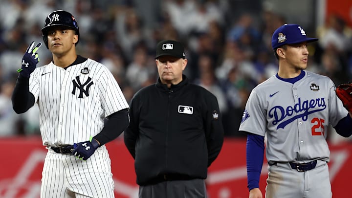 Oct 29, 2024; Bronx, New York, USA; New York Yankees outfielder Juan Soto (22) reacts after hitting a double against the Los Angeles Dodgers in the eighth inning during game four of the 2024 MLB World Series at Yankee Stadium. Mandatory Credit: Vincent Carchietta-Imagn Images Oct 29, 2024; Bronx, New York, USA; New York Yankees outfielder Juan Soto (22) reacts after hitting a double against the Los Angeles Dodgers in the eighth inning during game four of the 2024 MLB World Series at Yankee Stadium. Mandatory Credit: Vincent Carchietta-Imagn Images