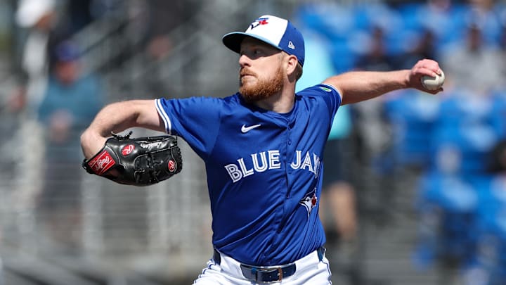 Mar 21, 2025; Dunedin, Florida, USA; Toronto Blue Jays pitcher Richard Lovelady (68) throws a pitch against the Philadelphia Phillies in the eighth inning during spring training at TD Ballpark. Mandatory Credit: Nathan Ray Seebeck-Imagn Images