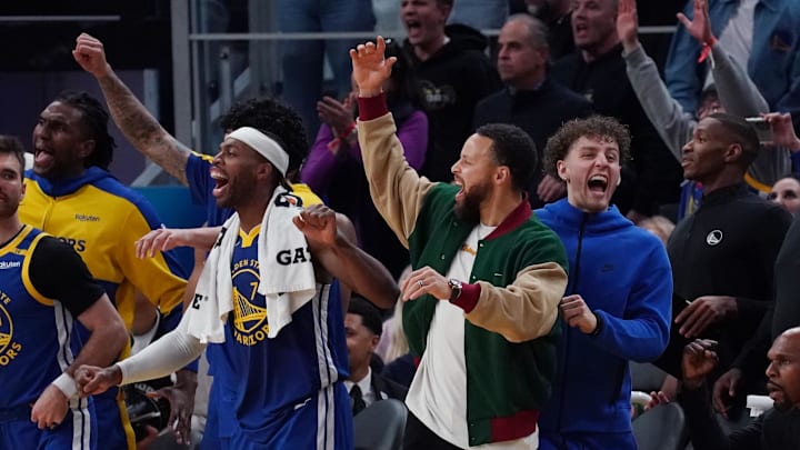 Jan 4, 2025; San Francisco, California, USA;  Golden State Warriors guard Buddy Hield, guard Stephen Curry, and guard Brandin Podziemski celebrate after the Warriors scored against the Memphis Grizzlies in the fourth quarter at Chase Center. Mandatory Credit: David Gonzales-Imagn Images
