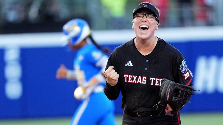 Texas Tech's Mia Williams (1) celebrates a double play in the sixth inning of a Women's College World Series softball game between Texas Tech Red Raiders and the UCLA Bruins at Devon Park in Oklahoma City, May 31, 2026. Texas Tech's Mia Williams (1) celebrates a double play in the sixth inning of a Women's College World Series softball game between Texas Tech Red Raiders and the UCLA Bruins at Devon Park in Oklahoma City, May 31, 2026.