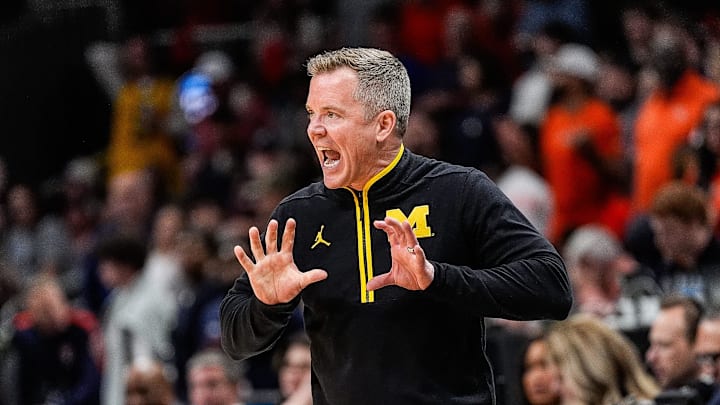 Michigan head coach Dusty May reacts to a play against Auburn during the second half of the Sweet 16 round of NCAA tournament at State Farm Arena in Atlanta, Ga. on Friday, March 28, 2025.