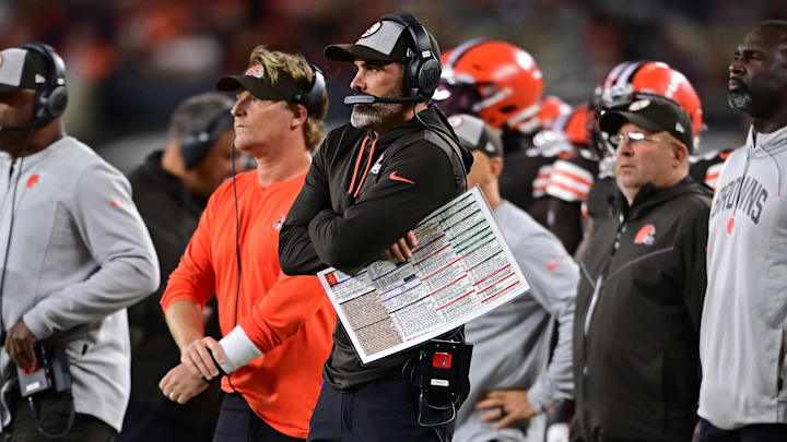 Sep 22, 2022; Cleveland, Ohio, USA; Cleveland Browns head coach Kevin Stefanski stands on the sideline during the second quarter against the Pittsburgh Steelers at FirstEnergy Stadium. Mandatory Credit: David Dermer-Imagn Images