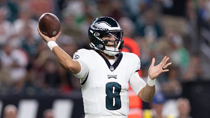 Aug 17, 2023; Philadelphia, Pennsylvania, USA; Philadelphia Eagles quarterback Marcus Mariota (8)