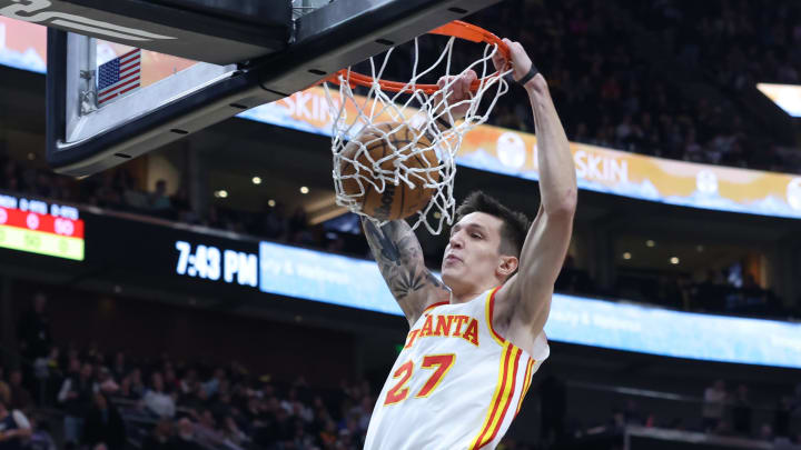 Mar 15, 2024; Salt Lake City, Utah, USA; Atlanta Hawks guard Vit Krejci (27) dunks the ball against the Utah Jazz during the first quarter at Delta Center. Mandatory Credit: Rob Gray-USA TODAY Sports Mar 15, 2024; Salt Lake City, Utah, USA; Atlanta Hawks guard Vit Krejci (27) dunks the ball against the Utah Jazz during the first quarter at Delta Center. Mandatory Credit: Rob Gray-USA TODAY Sports