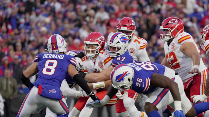 Buffalo Bills defensive end Joey Bosa sacks Kansas City Chiefs quarterback Patrick Mahomes with linebacker Terrel Bernard coming in to help during first half action against the Kansas City Chiefs at Highmark Stadium in Orchard Park on Nov. 2, 2025.