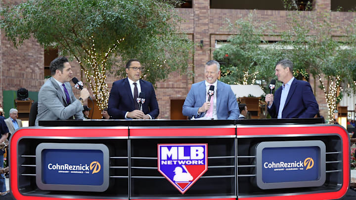 MLB Network hosts Greg Amsinger, Mark DeRosa and Sean Casey talk to Seattle Mariners manager Dan Wilson at the Hilton Anatole during the 2024 MLB Winter Meetings. MLB Network hosts Greg Amsinger, Mark DeRosa and Sean Casey talk to Seattle Mariners manager Dan Wilson at the Hilton Anatole during the 2024 MLB Winter Meetings.