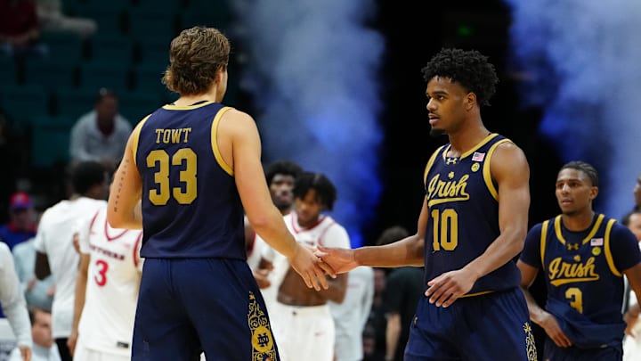 Nov 25, 2025; Las Vegas, Nevada, USA; Notre Dame Fighting Irish forward Carson Towt (33) and guard Jalen Haralson (10) celebrate after a 2025 Players Era Festival group play game against the Rutgers Scarlet Knights at MGM Grand Garden Arena. Mandatory Credit: Stephen R. Sylvanie-Imagn Images