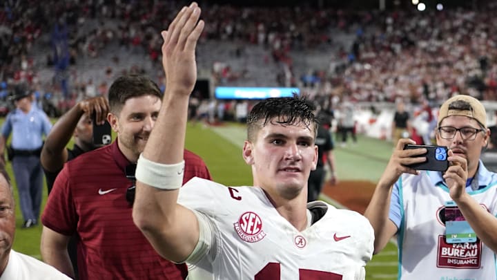 Sep 27, 2025; Athens, Georgia, USA; Alabama Crimson Tide quarterback Ty Simpson (15) celebrates after defeating the Georgia Bulldogs at Sanford Stadium. Mandatory Credit: Dale Zanine-Imagn Images