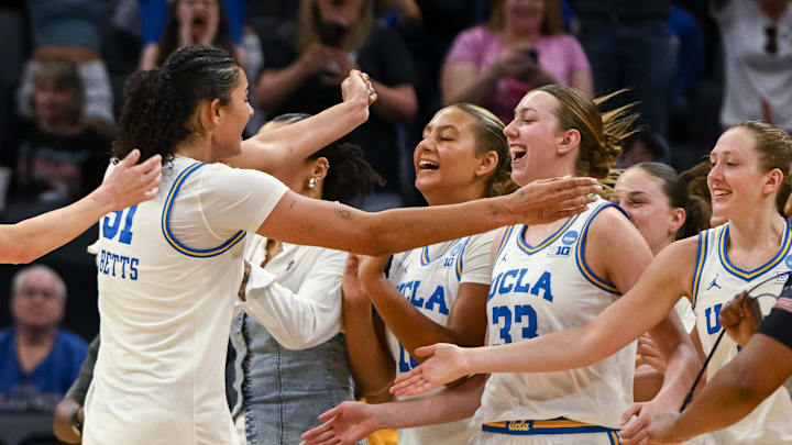 Mar 29, 2026; Sacramento, CA, USA; UCLA Bruins center Lauren Betts (51) celebrates with forward Angela Dugalić (32) after defeating the Duke Blue Devils in an Elite Eight game in the Sacramento Regional 4 of the women's 2026 NCAA Tournament at the Golden 1 Center. Mandatory Credit: Ed Szczepanski-Imagn Images