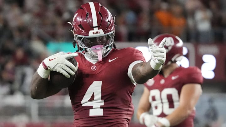 Oct 18, 2025; Tuscaloosa, Alabama, USA; Alabama Crimson Tide running back Daniel Hill (4) celebrates a play in the second half against the Tennessee Volunteers at Saban Field at Bryant-Denny Stadium. Mandatory Credit: Gary Cosby-USA TODAY Network via Imagn Images
