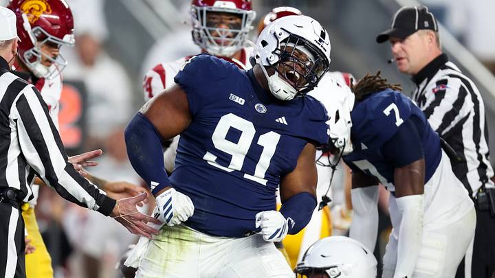 Penn State Nittany Lions defensive tackle Armstrong Nnodim (91) reacts following a tackle during the first quarter against the USC Trojans at Beaver Stadium. Penn State Nittany Lions defensive tackle Armstrong Nnodim (91) reacts following a tackle during the first quarter against the USC Trojans at Beaver Stadium.