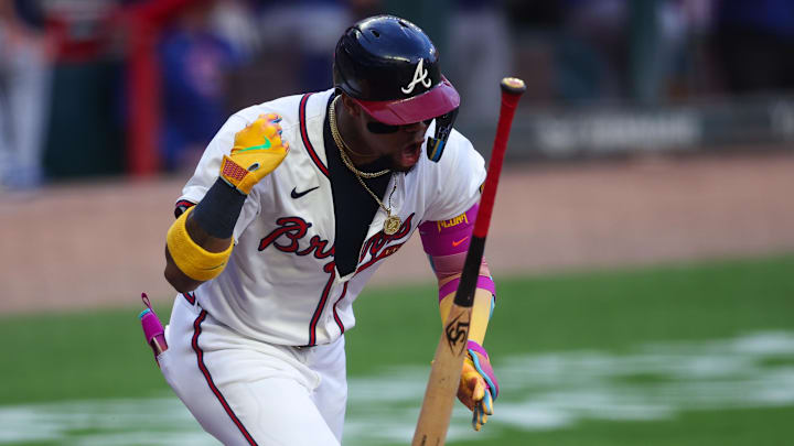 Sep 8, 2025; Atlanta, Georgia, USA; Atlanta Braves right fielder Ronald Acuna Jr. (13) hits an RBI single against the Chicago Cubs in the first inning at Truist Park. Mandatory Credit: Brett Davis-Imagn Images