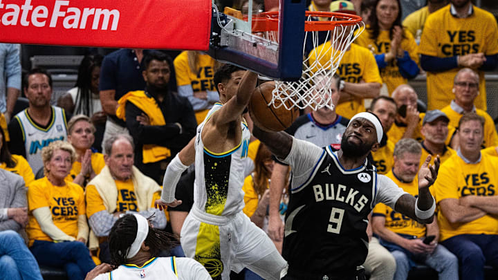 Apr 29, 2025; Indianapolis, Indiana, USA; Indiana Pacers guard Tyrese Haliburton (0) blocks the shot of Milwaukee Bucks forward Bobby Portis (9) during game five of the first round for the 2024 NBA Playoffs at Gainbridge Fieldhouse. Mandatory Credit: Trevor Ruszkowski-Imagn Images