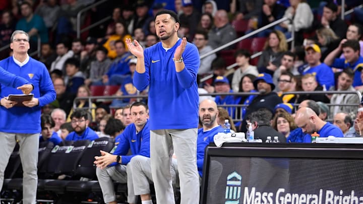 Mar 2, 2024; Chestnut Hill, Massachusetts, USA; Pittsburgh Panthers head coach Jeff Capel reacts to game action against the Boston College Eagles during the second half at Conte Forum. Mandatory Credit: Eric Canha-Imagn Images