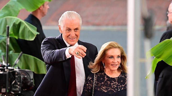 Aug 12, 2023; Springfield, MA, USA;
Miami Heat president Pat Riley walks the red carpet at the 2023 Basketball Hall of Fame induction ceremony at Symphony Hall. Mandatory Credit: Eric Canha-Imagn Images