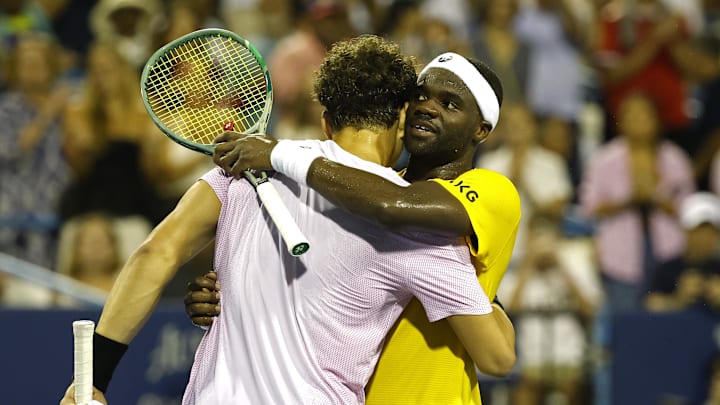 Ben Shelton and Frances Tiafoe hug after their match at the Mubadala Citi DC Open. Ben Shelton and Frances Tiafoe hug after their match at the Mubadala Citi DC Open.