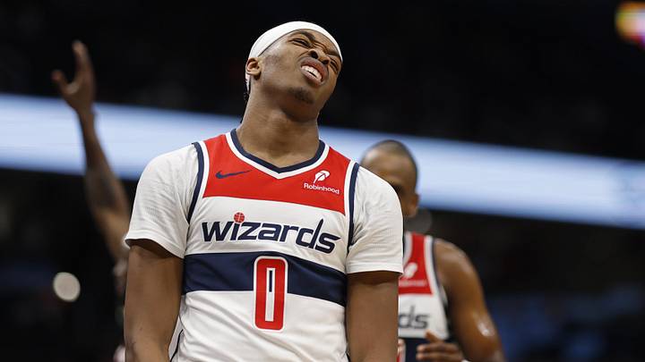 Feb 26, 2025; Washington, District of Columbia, USA; Washington Wizards guard Bilal Coulibaly (0) reacts against the Portland Trail Blazers in the second half at Capital One Arena. Mandatory Credit: Geoff Burke-Imagn Images