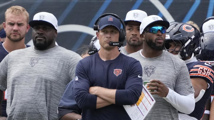 Aug 10, 2025; Chicago, Illinois, USA; Chicago Bears head coach Ben Johnson on the sidelines against the Miami Dolphins during the first half at Soldier Field. Mandatory Credit: David Banks-Imagn Images