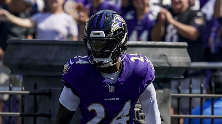 Sep 14, 2025; Baltimore, Maryland, USA; Baltimore Ravens safety Malaki Starks (24) before the game against the Cleveland Browns at M&T Bank Stadium. Mandatory Credit: Mitch Stringer-Imagn Images Sep 14, 2025; Baltimore, Maryland, USA; Baltimore Ravens safety Malaki Starks (24) before the game against the Cleveland Browns at M&T Bank Stadium. Mandatory Credit: Mitch Stringer-Imagn Images