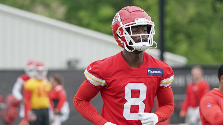 May 26, 2022; Kansas City, MO, USA; Kansas City Chiefs wide receiver Justyn Ross (8) runs drills during organized team activities at The University of Kansas Health System Training Complex. Mandatory Credit: Denny Medley-Imagn Images
