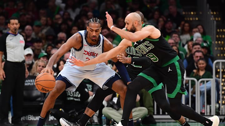 Apr 6, 2025; Boston, Massachusetts, USA; Boston Celtics guard Derrick White (9) steals the ball from Washington Wizards forward Alex Sarr (20) during the second half at TD Garden. Mandatory Credit: Bob DeChiara-Imagn Images Apr 6, 2025; Boston, Massachusetts, USA; Boston Celtics guard Derrick White (9) steals the ball from Washington Wizards forward Alex Sarr (20) during the second half at TD Garden. Mandatory Credit: Bob DeChiara-Imagn Images