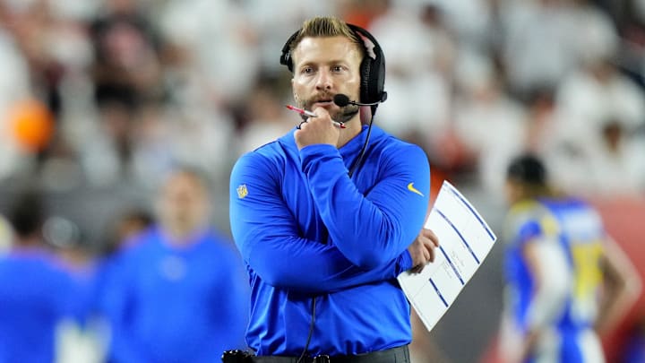 Los Angeles Rams head coach Sean McVay paces the sideline in the second quarter during a Week 3 NFL football game between the Los Angeles Rams and the Cincinnati Bengals, Monday, Sept. 25, 2023, at Paycor Stadium in Cincinnati.