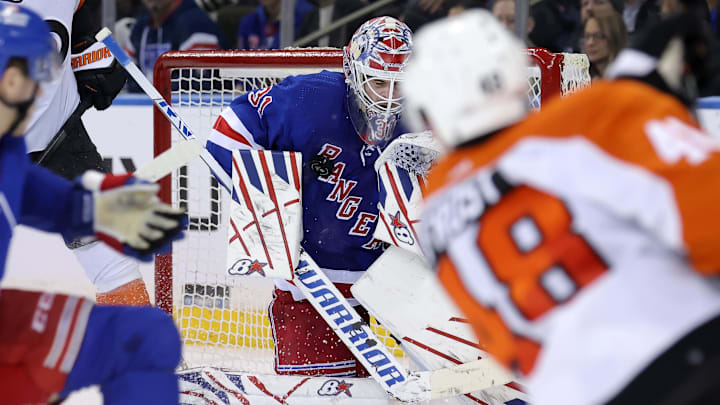 Mar 26, 2024; New York, New York, USA; New York Rangers goaltender Igor Shesterkin (31) makes a save